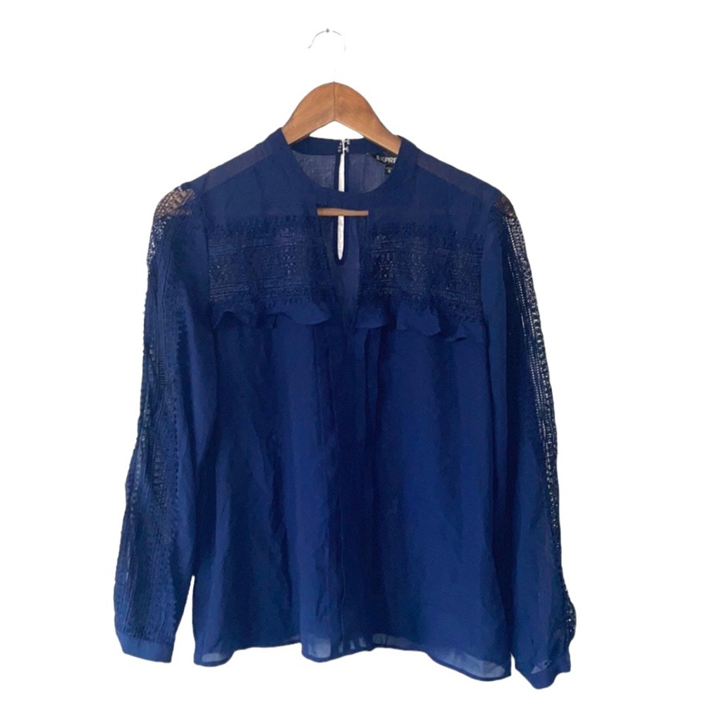 Express Navy Blue Long Sleeve Blouse Mesh Lace Ruffle Career Top Medium